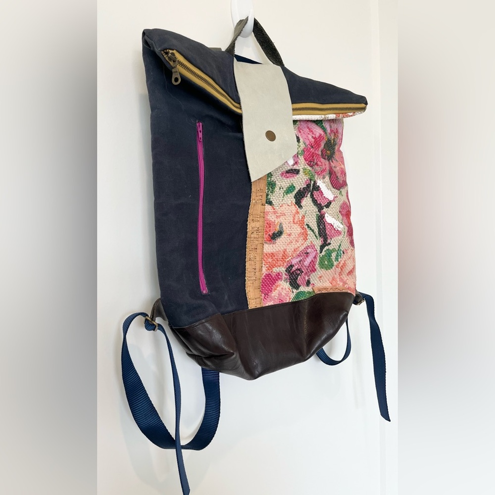 Handmade Roll Zip Backpack Denim Hand Painted Floral Textile Leather Boho Bag - Picture 2 of 13